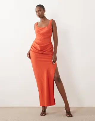 ASOS DESIGN square neck draped bodice and waist detail maxi dress with side slit in tomato red