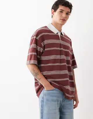 ASOS DESIGN oversized rugby polo in red stripe