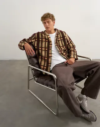Topman boxy fit borg plaid cardigan in brown