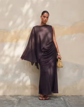ASOS DESIGN Curve draped batwing asymmetric one sleeve maxi dress in dark chocolate
