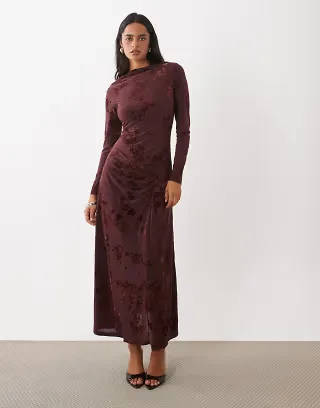 Rare London ruched gathered burnout floral long sleeve maxi dress in burgundy