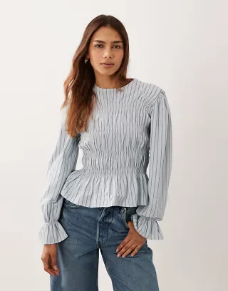 ASOS DESIGN shirred long sleeve top in blue stripes