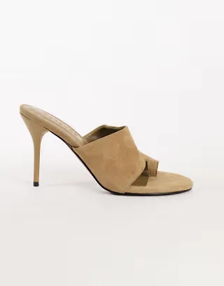 Topshop Winnie real suede toe post heeled mules in taupe