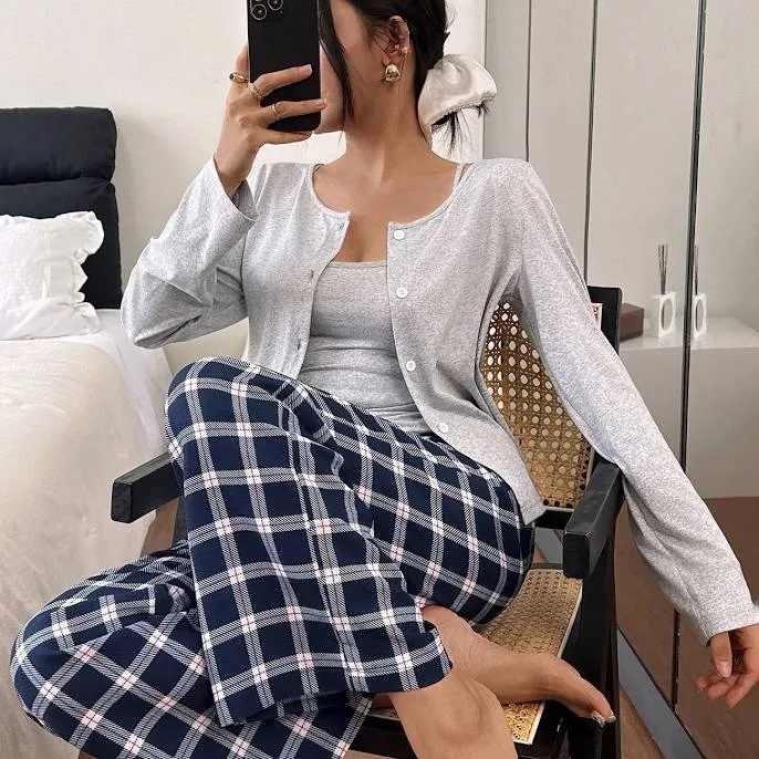 SHEIN Women's Plaid 3-Piece Pajama Set