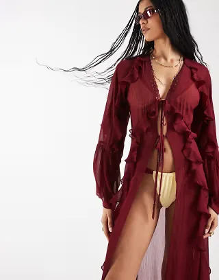Reclaimed Vintage tie front kimono with beads in burgundy red