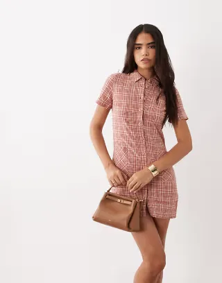 Nobody's Child Lorna cotton short sleeve pocket front mini shirt dress in red plaid
