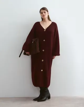ARRANGE Curve alpaca knit balloon sleeve button through maxi dress in burgundy