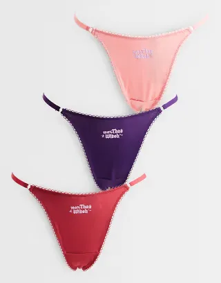ASOS DESIGN 3 pack Sabrina ribbed Halloween tanga thong pack with embroidery in berry & purple