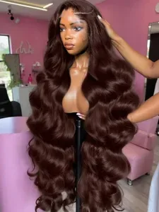 36-Inch Chocolate Brown Body Wave Brazilian Human Hair Wig, 220% Density, 13x4 and 13x6 Lace Front Glueless Wigs for Wom
