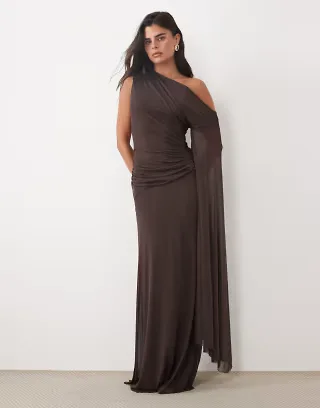 ASOS DESIGN mesh draped maxi dress in chocolate
