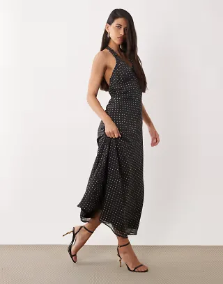 YAS polka dot halterneck maxi dress in black and white