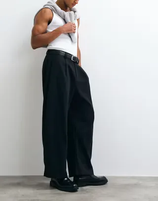 ASOS DESIGN tailored barrel leg pants with wool in black herringbone