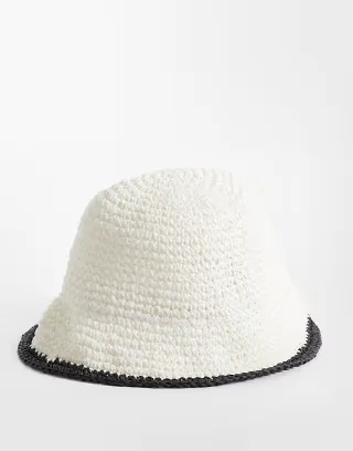 ASOS DESIGN straw crochet white bucket hat with contrast tipped edge