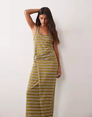 ASOS DESIGN scoop neck with gold and wrap detail midi dress in striped print
