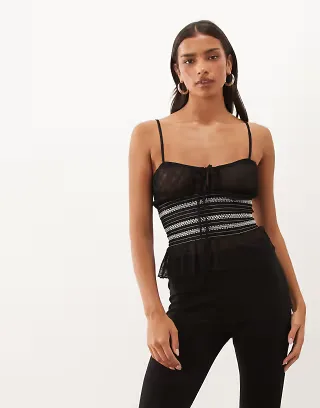 ASOS DESIGN sheer mesh cami top with shirred waist in black