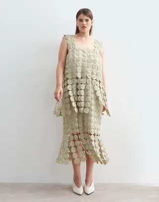 ARRANGE Curve metallic circle fringe column midi dress in gold
