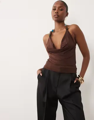 ASOS DESIGN slinky crossover cowl neck top with beaded detailing in chocolate