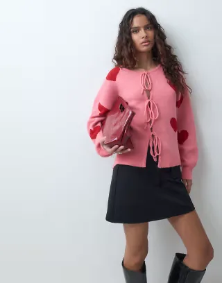 Pieces tie front knitted cardigan in pink heart print