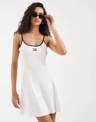 Tommy Jeans badge logo mini strappy dress in off-white