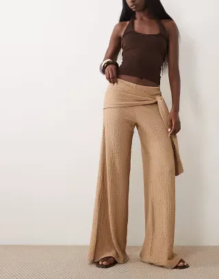 ASOS DESIGN textured wide leg pants with tie waist detail in stone - part of a set