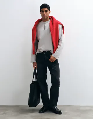 ASOS DESIGN boxy oversized t-shirt with henley in stone waffle