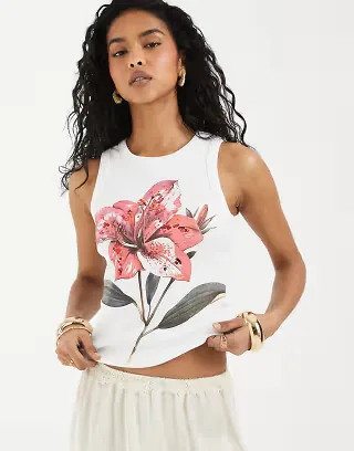 ASOS DESIGN ribbed tank top with embellished flower graphic in white