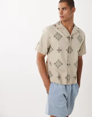 Abercrombie & Fitch boxy short sleeve shirt in all-over beige tile print