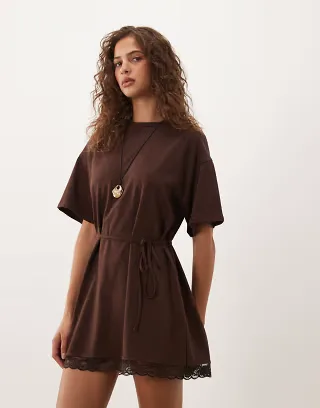 ASOS DESIGN short sleeve with cinched waist with lace hem mini dress in brown