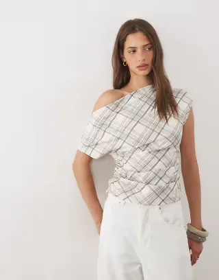 ASOS DESIGN fallen shoulder cinched waist top in check print