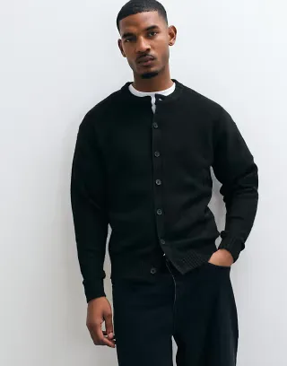 Jack & Jones fluffy knitted crew neck cardigan in black