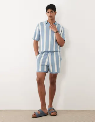 ASOS DESIGN knit stripe set in blue and ecru