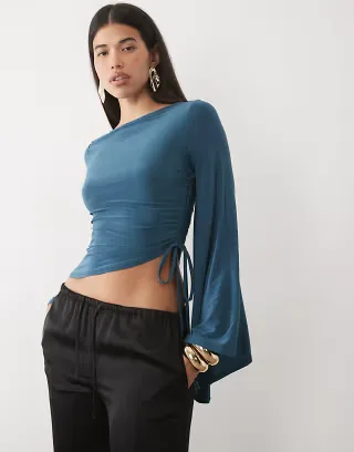 ASOS DESIGN drape sleeve asym hem top in petrol blue
