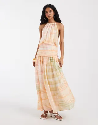ASOS DESIGN chiffon halter bubble waist maxi dress in check