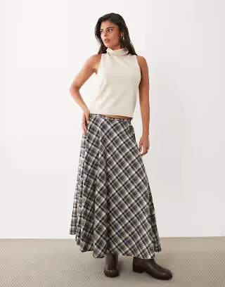 Nobody's Child Martino cotton mid rise full circle maxi skirt in beige and blue plaid