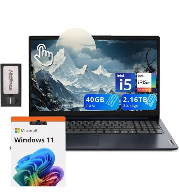 Lenovo - Upgraded - IdeaPad 1i 15.6" FHD Touchscreen Laptop,Intel i5-1235U,40GB RAM,2TB SSD,Win 11+128GB Docking Station