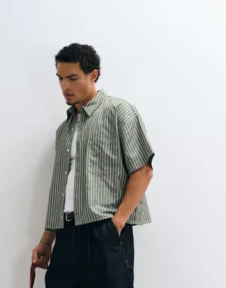 Reclaimed Vintage short sleeve boxy shirt in khaki striped print