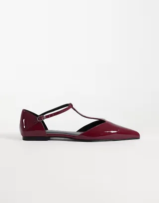 ASOS DESIGN Lover pointed toe t-bar ballet flats in burgundy