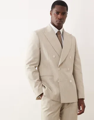 ASOS DESIGN slim double breasted suit jacket with linen in stone pinstripe