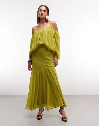 ASOS DESIGN blouson bodice maxi dress with split sleeves and volume godet skirt in olive green