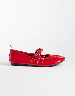 London Rebel Wide Fit Mia strappy ruched ballet flats in red