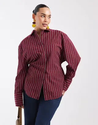 ASOS DESIGN Curve cinched waist shirt in burgundy stripe