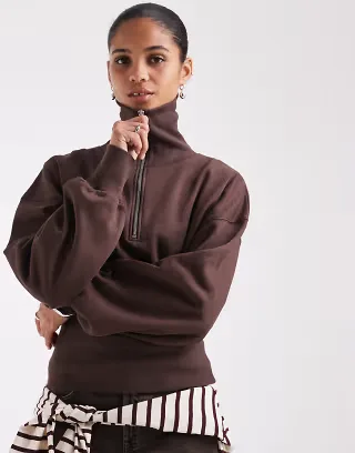 ASOS DESIGN funnel neck sweatshirt with cinch waist in brown