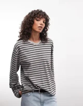Weekday boxy fit long sleeve T-shirt with V-neck in gray and black stripe
