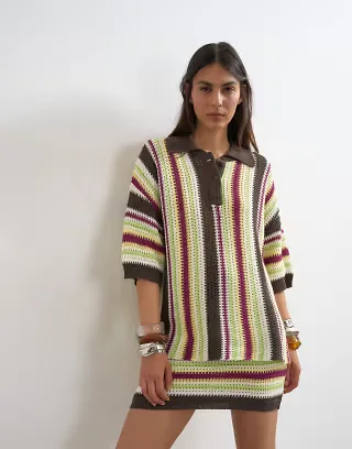 knit vertical stripe polo top set in multi
