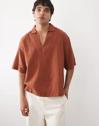 ASOS DESIGN boxy oversized overhead shirt with linen in brown