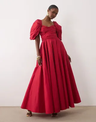 Lace & Beads taffeta puff sleeve sweetheart neck gown in red