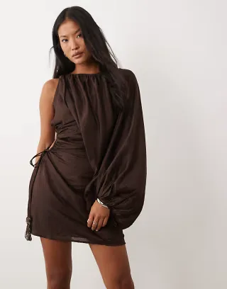ASOS DESIGN Petite one shoulder blouson mini dress with cut out waist in chocolate