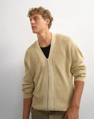 Topman relaxed fit acid wash knit zip up cardigan in beige