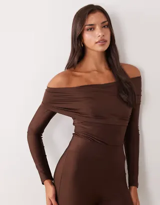 Ruched & Ready Heads Turned sculpted high shine off shoulder bodysuit set in chocolate