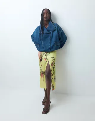 ASOS DESIGN mandarin detail maxi skirt with split in yellow floral - part of a set